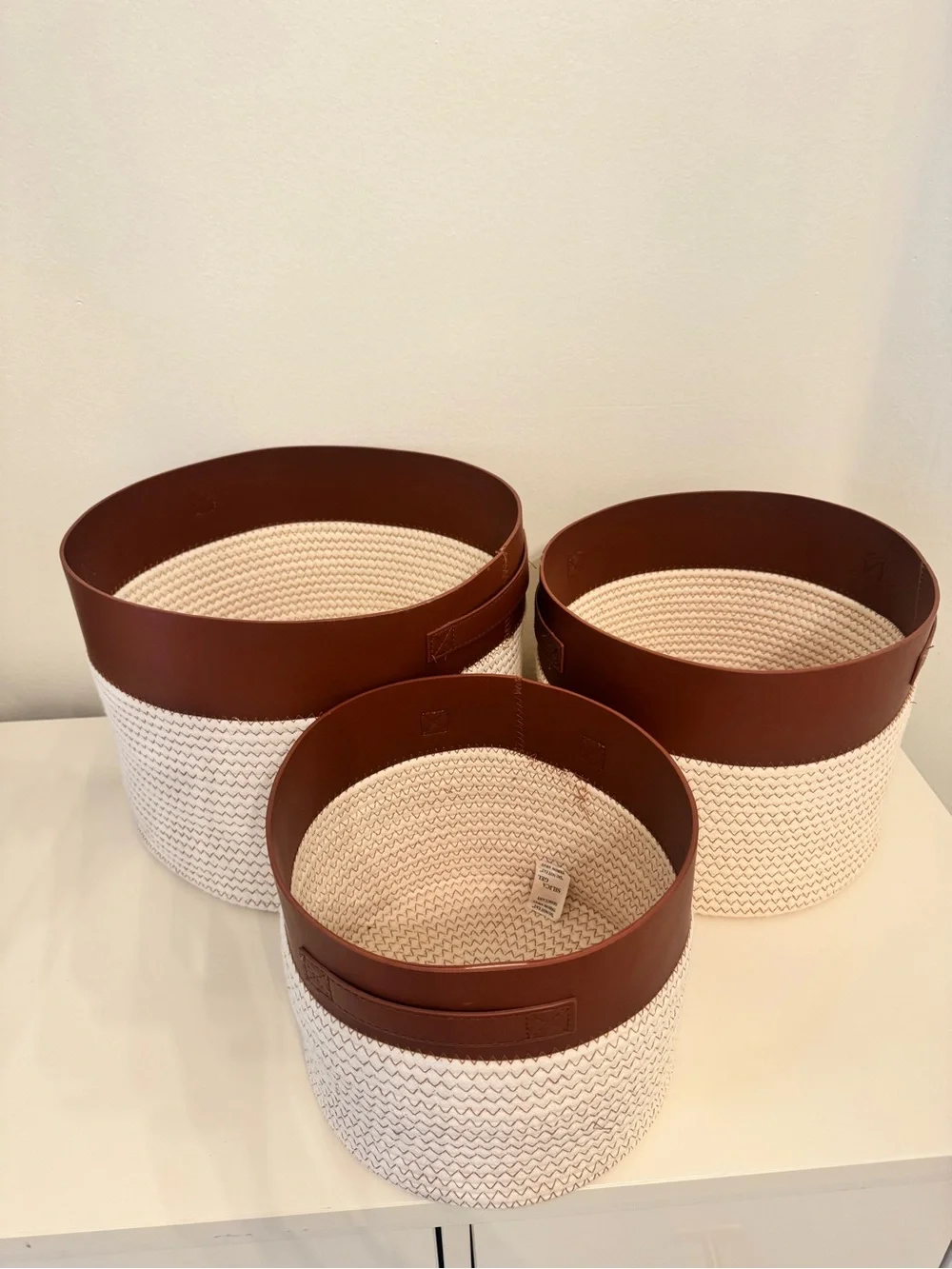 Set of 3 Brown & Cream Woven Rope and Faux Leather Storage Baskets